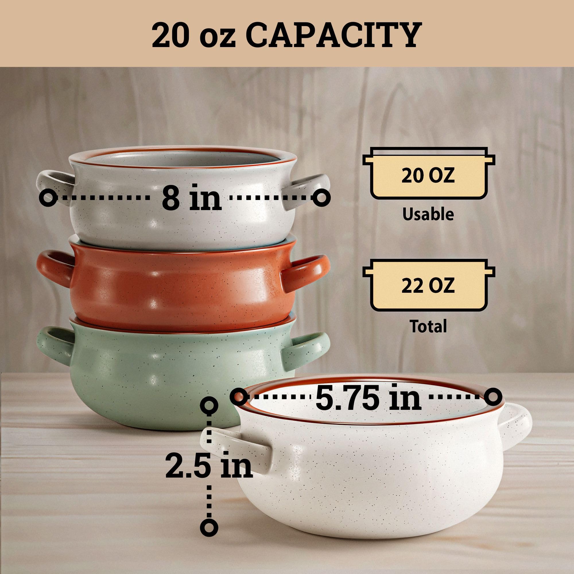 Ceramic Soup Bowls With Handles Set of 4 - 20 oz French Onion Soup
